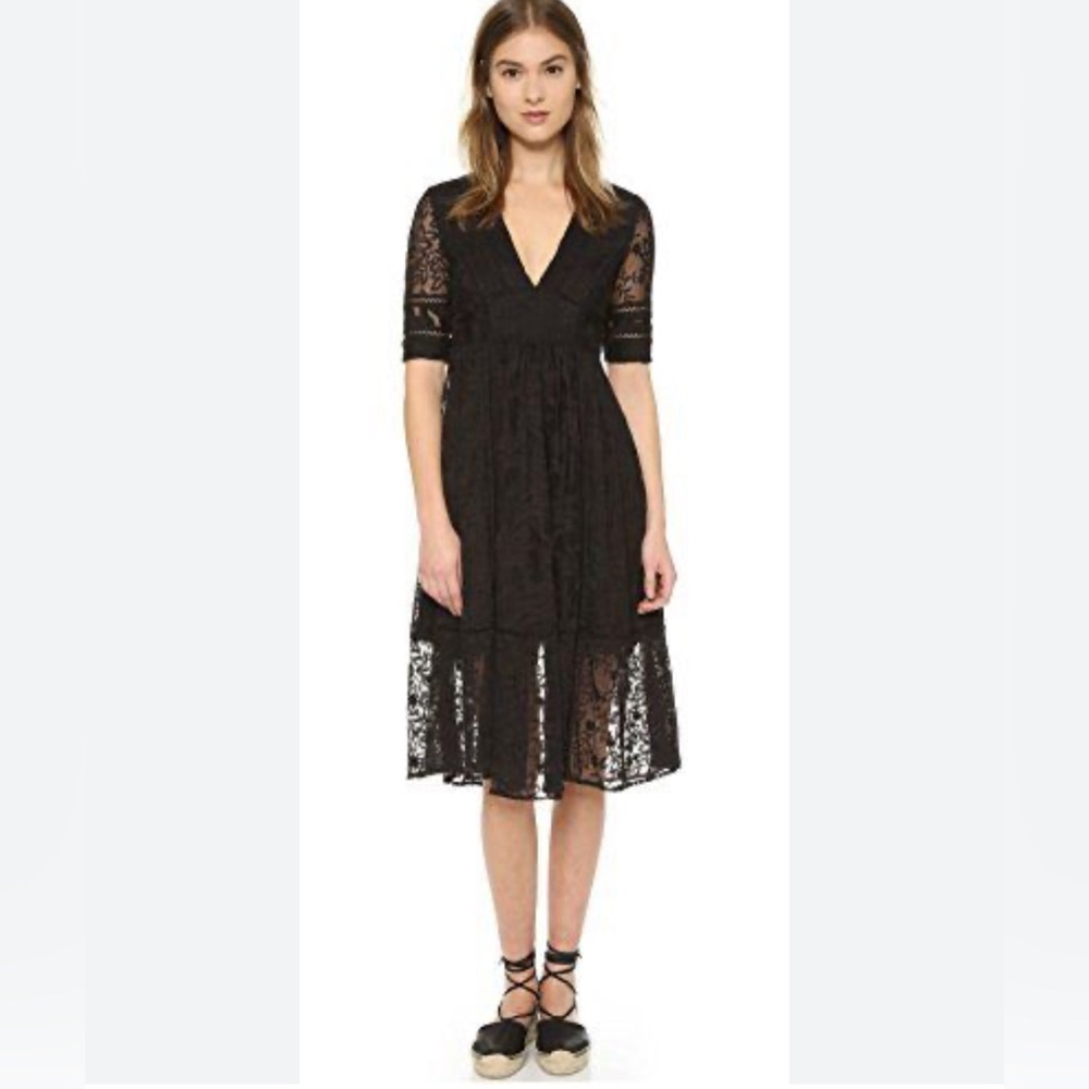Free People Black V Neck Dress with Embroidered Pattern